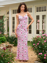 Tie Front V-Neck Lace Spliced Floral Print Mermaid Dress